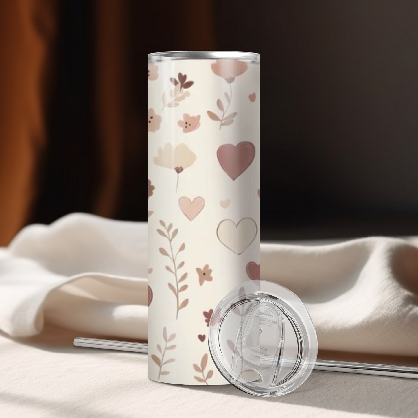Delicate Floral and Hearts | 20oz Skinny Tumbler | Valentine's Day Gift | Full Design Skinny Tumbler