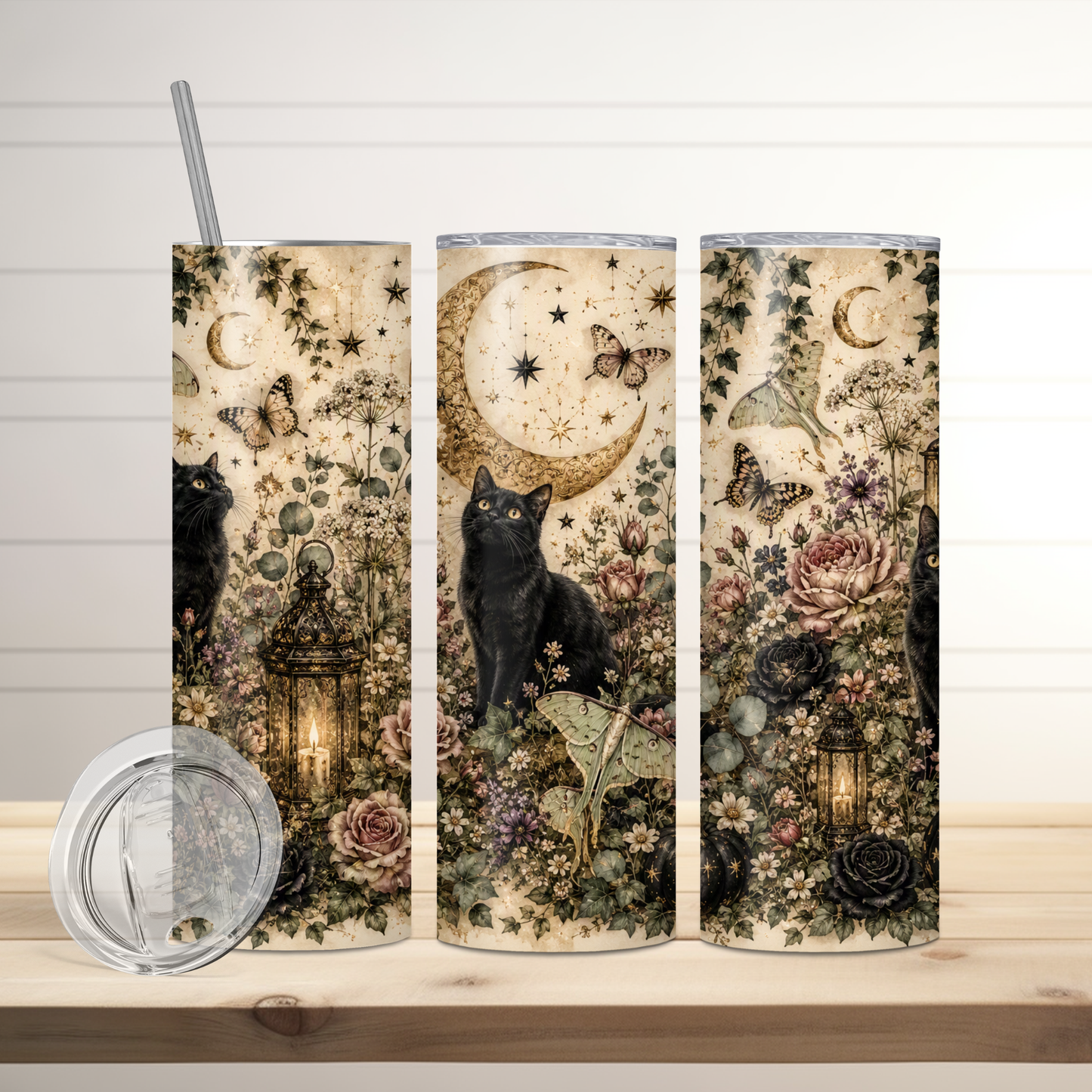 Moonlit Black Cats & Wildflowers
