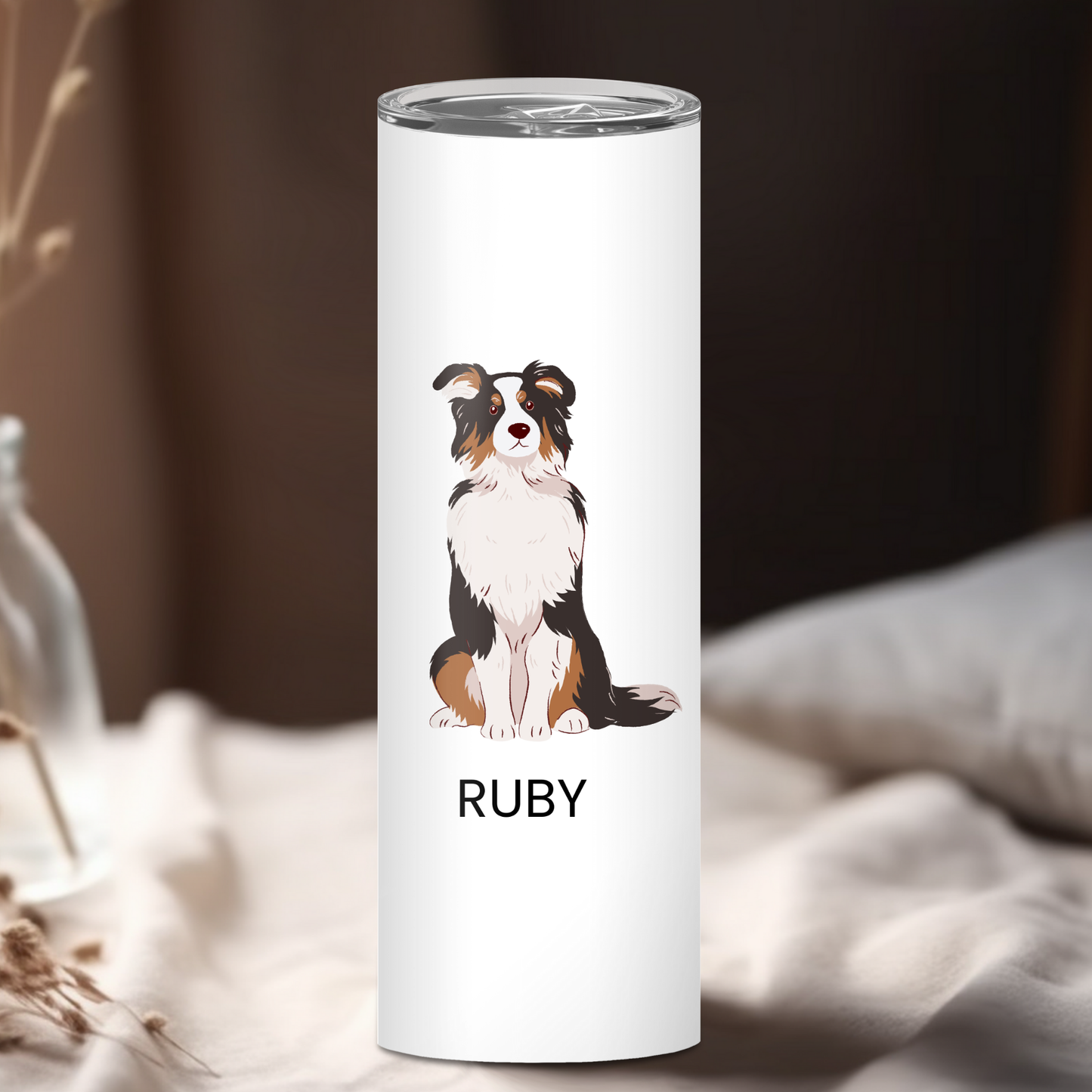 Personalized Australian Shepherd Dog Tumbler | Custom Dog Name Gift for Pet Lovers | Full Design Skinny Tumbler
