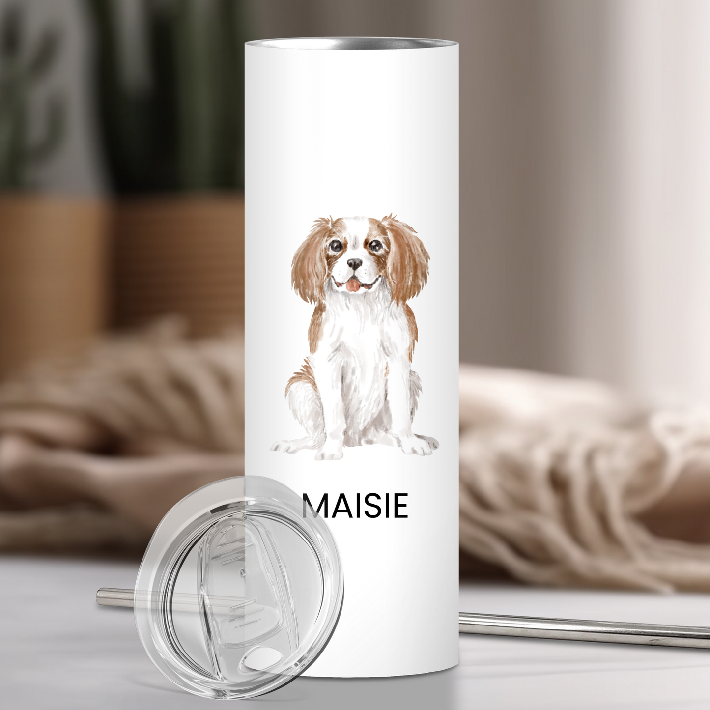 Personalized Cavalier King Charles Spaniel Dog Tumbler | Custom Dog Name Gift for Pet Lovers | Full Design Skinny Tumbler