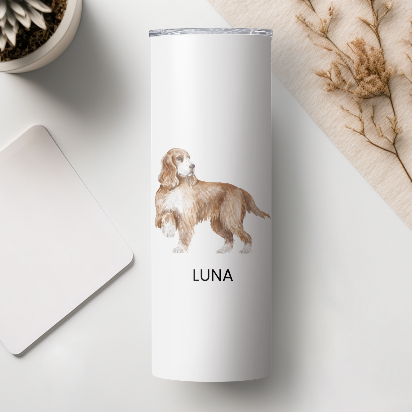 Personalized Cocker Spaniel Dog Tumbler | Custom Dog Name Gift for Pet Lovers | Full Design Skinny Tumbler