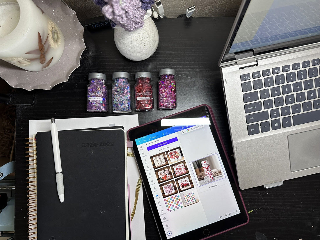 Flat lay of a cozy desk setup with a laptop, coffee cup, notebook, and custom tumbler, creating a warm and creative workspace for personal branding.