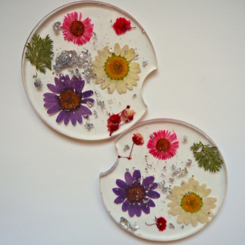 Floral Car Coaster Set with Silver Mylar Flakes | Premade Car Coasters