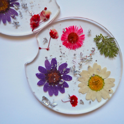 Floral Car Coaster Set with Silver Mylar Flakes | Premade Car Coasters