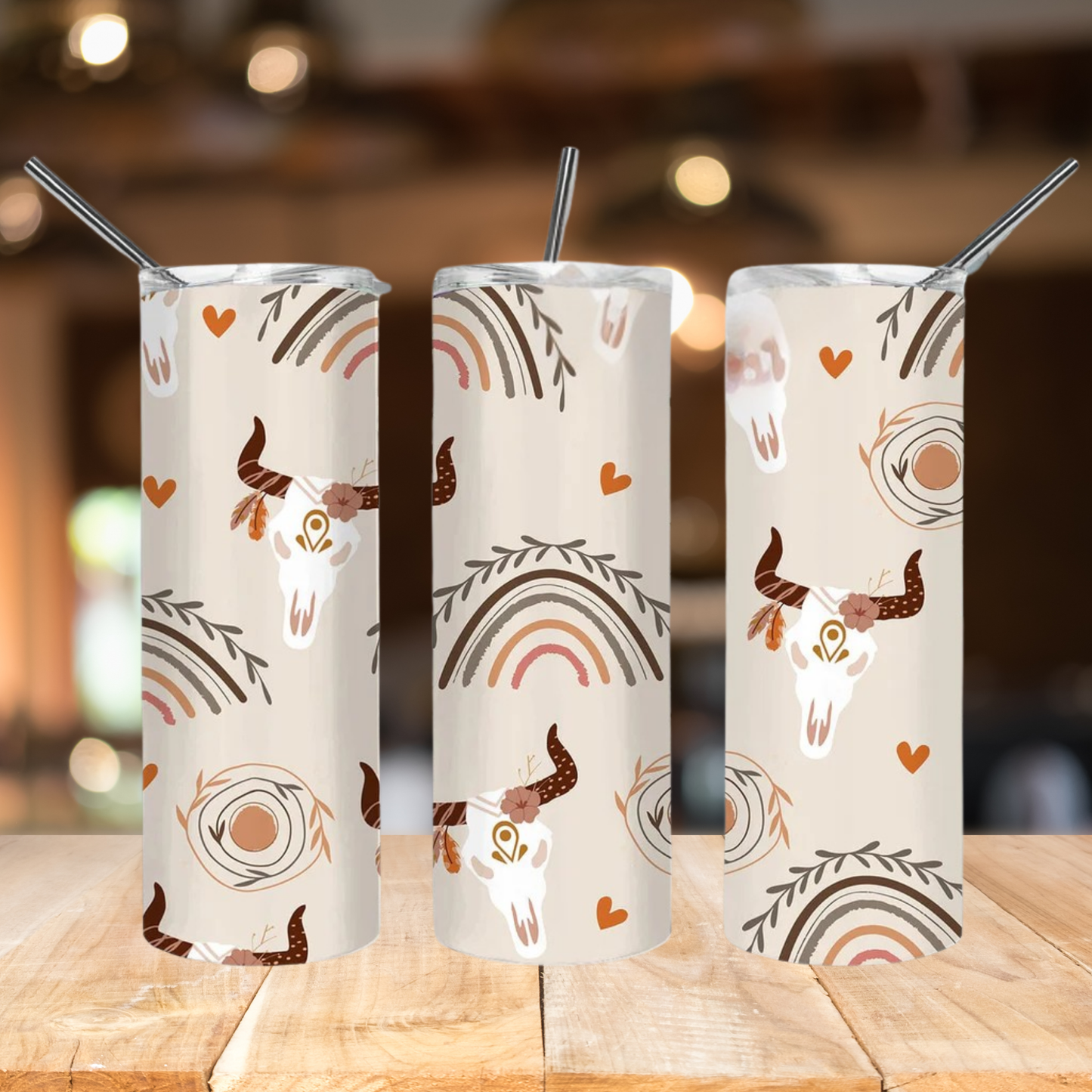 Boho Cow Skull & Rainbows | Full Design Skinny Tumbler