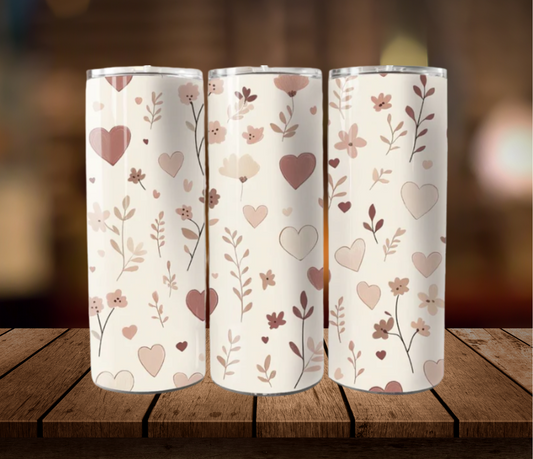Delicate Floral and Hearts | 20oz Skinny Tumbler | Valentine's Day Gift | Full Design Skinny Tumbler