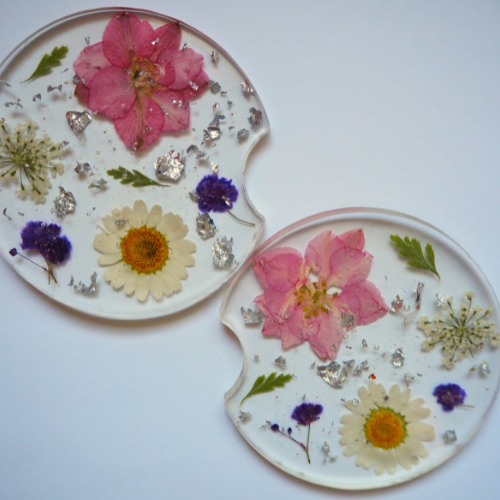Floral Car Coaster Set with Silver Mylar Flakes | Premade Car Coasters