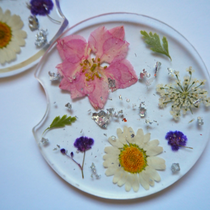 Floral Car Coaster Set with Silver Mylar Flakes | Premade Car Coasters
