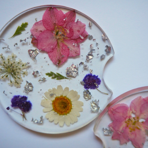 Floral Car Coaster Set with Silver Mylar Flakes | Premade Car Coasters