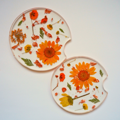 Floral Car Coaster Set with Copper Mylar Flakes | Premade Car Coasters