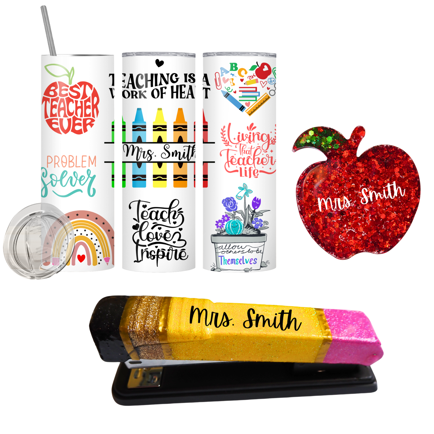 Teacher Appreciation Gift | Personalized Tumbler, Pencil Stapler & Glitter Apple Magnet