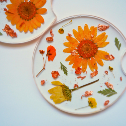 Floral Car Coaster Set with Copper Mylar Flakes | Premade Car Coasters