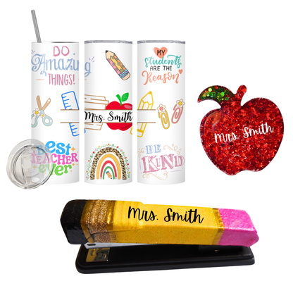 Teacher Appreciation Gift | Personalized Tumbler, Pencil Stapler & Glitter Apple Magnet