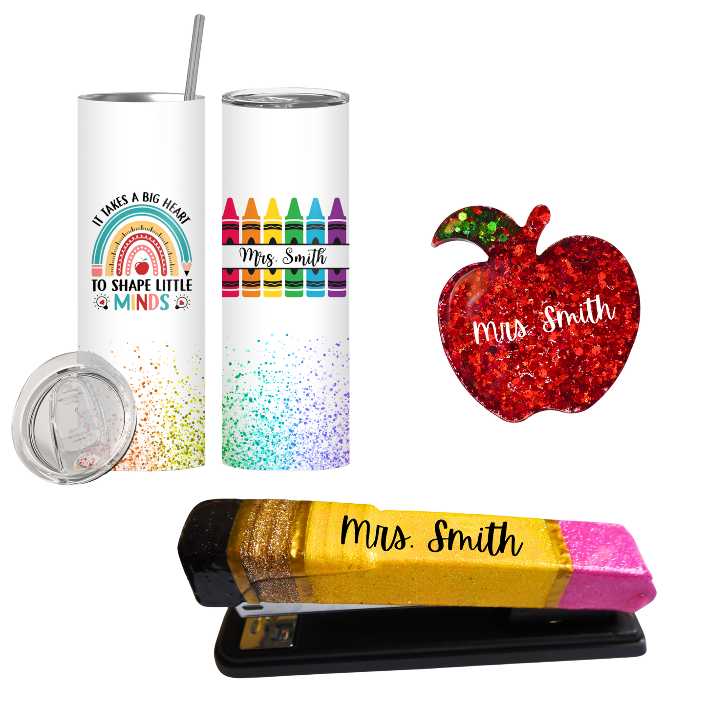 Teacher Appreciation Gift | Personalized Tumbler, Pencil Stapler & Glitter Apple Magnet