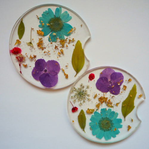 Floral Car Coaster Set with Gold Mylar Flakes | Premade Car Coasters