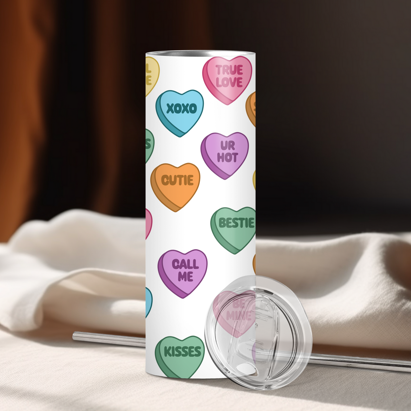 Conversation Hearts | 20oz Skinny Tumbler | Valentine's Day Gift | Full Design Skinny Tumbler