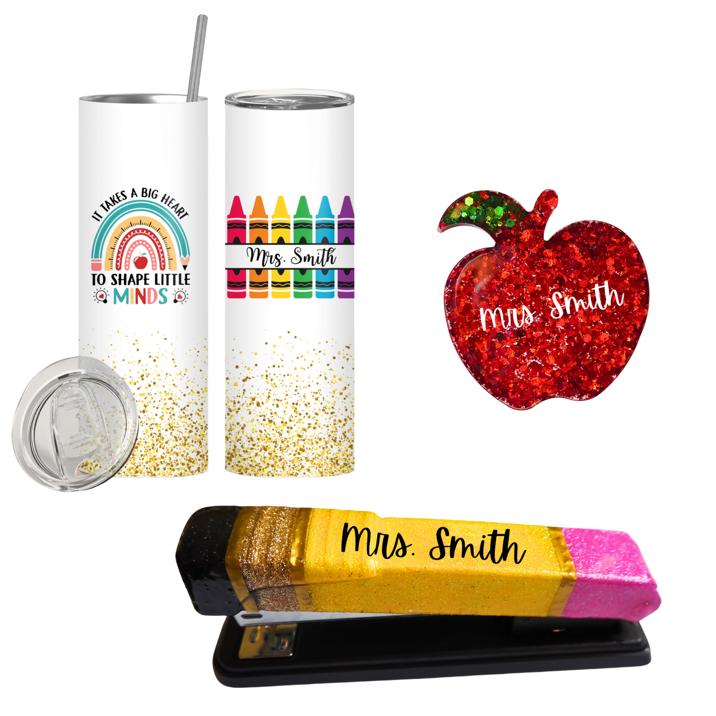 Teacher Appreciation Gift | Personalized Tumbler, Pencil Stapler & Glitter Apple Magnet