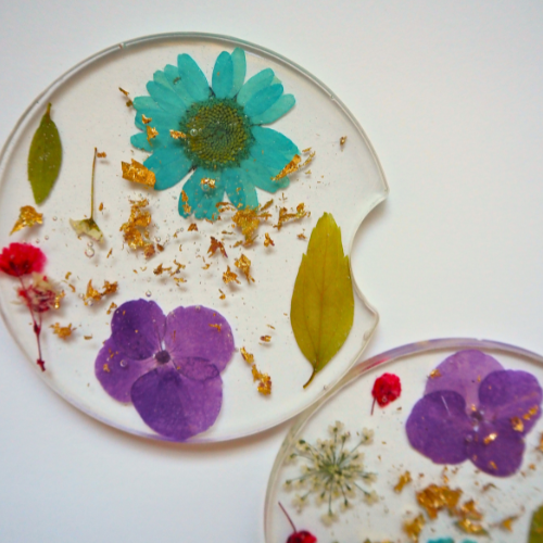 Floral Car Coaster Set with Gold Mylar Flakes | Premade Car Coasters