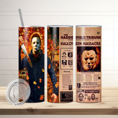 Michael Myers Haddonfield Tribune Tumbler | Full Design Skinny Tumbler