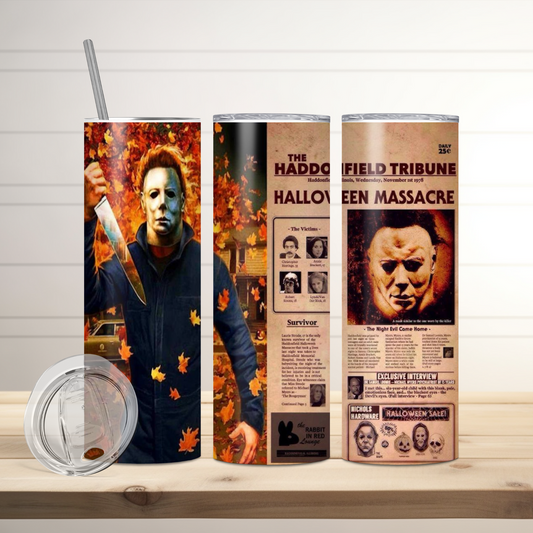 Michael Myers Haddonfield Tribune Tumbler | Full Design Skinny Tumbler