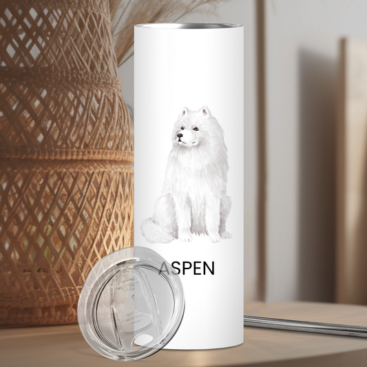 Personalized Samoyed Dog Tumbler | Custom Dog Name Gift for Pet Lovers | Full Design Skinny Tumbler