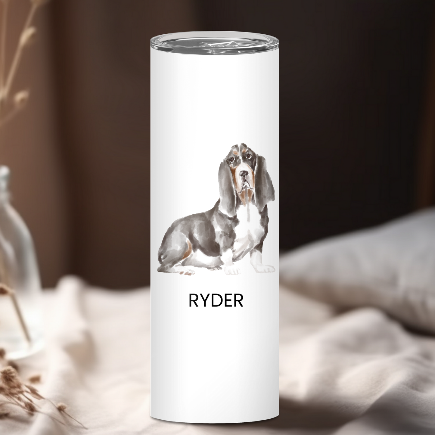 Personalized Basset Hound Dog Tumbler | Custom Dog Name Gift for Pet Lovers | Full Design Skinny Tumbler