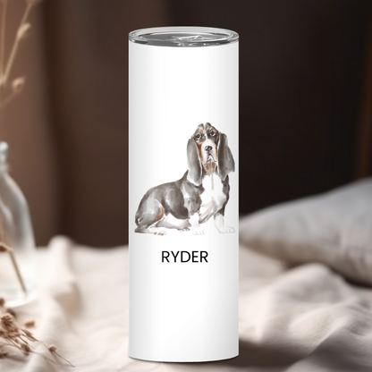 Personalized Basset Hound Dog Tumbler | Custom Dog Name Gift for Pet Lovers | Full Design Skinny Tumbler