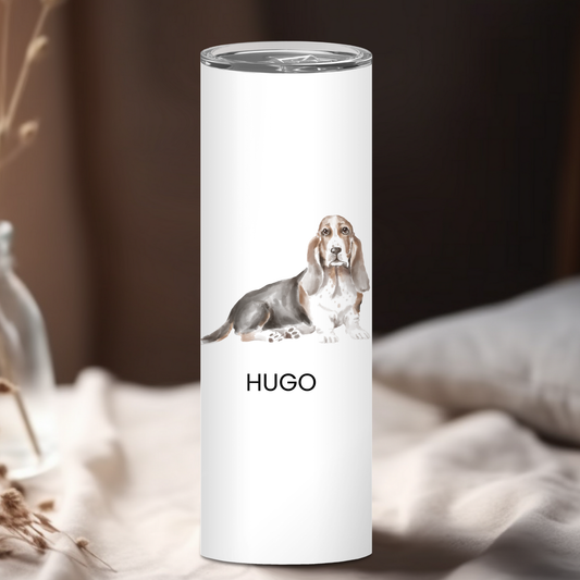 Personalized Basset Hound Dog Tumbler | Custom Dog Name Gift for Pet Lovers | Full Design Skinny Tumbler