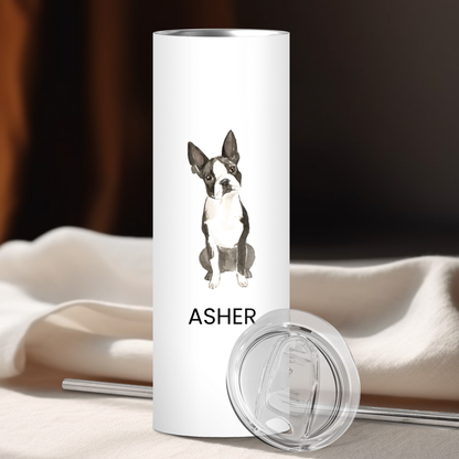 Personalized Boston Terrier Dog Tumbler | Custom Dog Name Gift for Pet Lovers | Full Design Skinny Tumbler