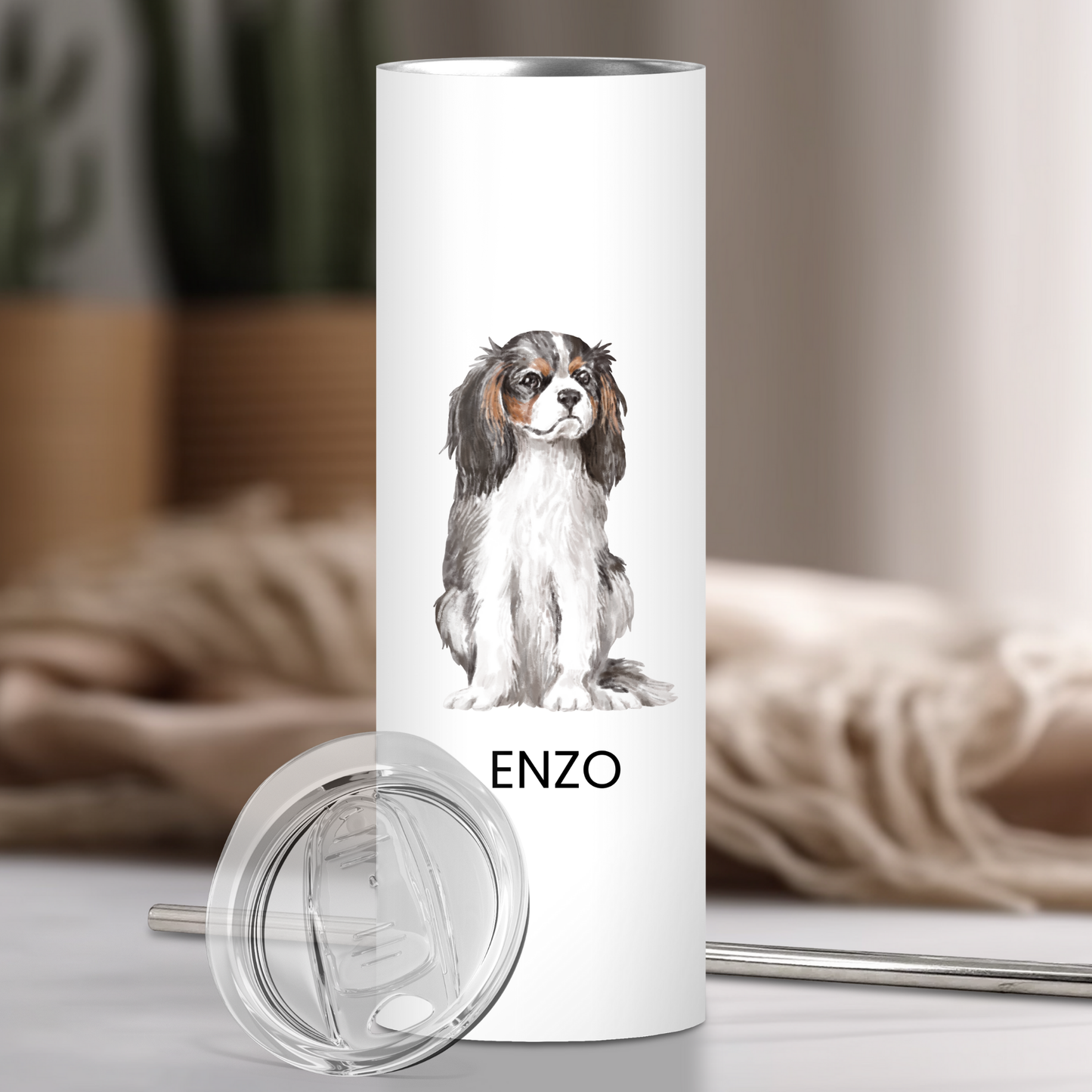 Personalized Cavalier King Charles Spaniel Dog Tumbler | Custom Dog Name Gift for Pet Lovers | Full Design Skinny Tumbler