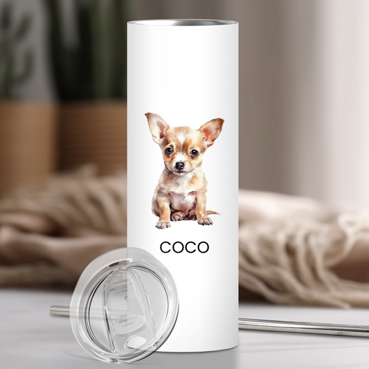 Personalized Chihuahua Dog Tumbler | Custom Dog Name Gift for Pet Lovers | Full Design Skinny Tumbler