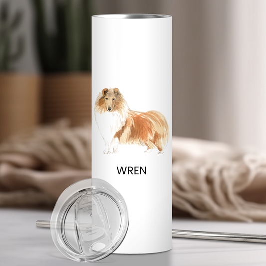 Personalized Collie Dog Tumbler | Custom Dog Name Gift for Pet Lovers | Full Design Skinny Tumbler