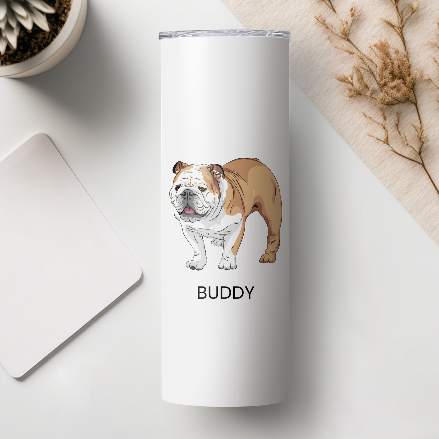 Personalized English Bulldog Dog Tumbler | Custom Dog Name Gift for Pet Lovers | Full Design Skinny Tumbler