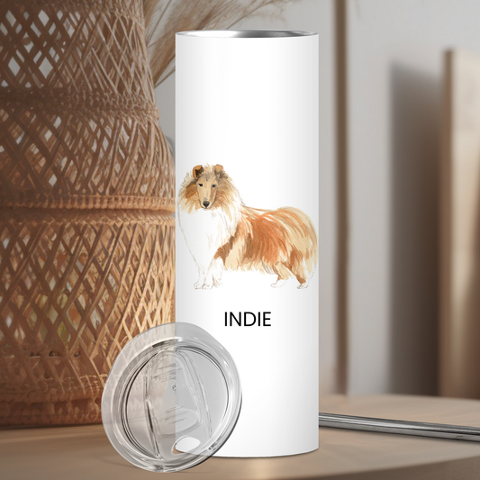 Personalized Shetland Sheepdog Dog Tumbler | Sheltie | Custom Dog Name Gift for Pet Lovers | Full Design Skinny Tumbler