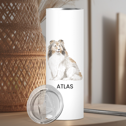 Personalized Shetland Sheepdog Dog Tumbler | Sheltie | Custom Dog Name Gift for Pet Lovers | Full Design Skinny Tumbler