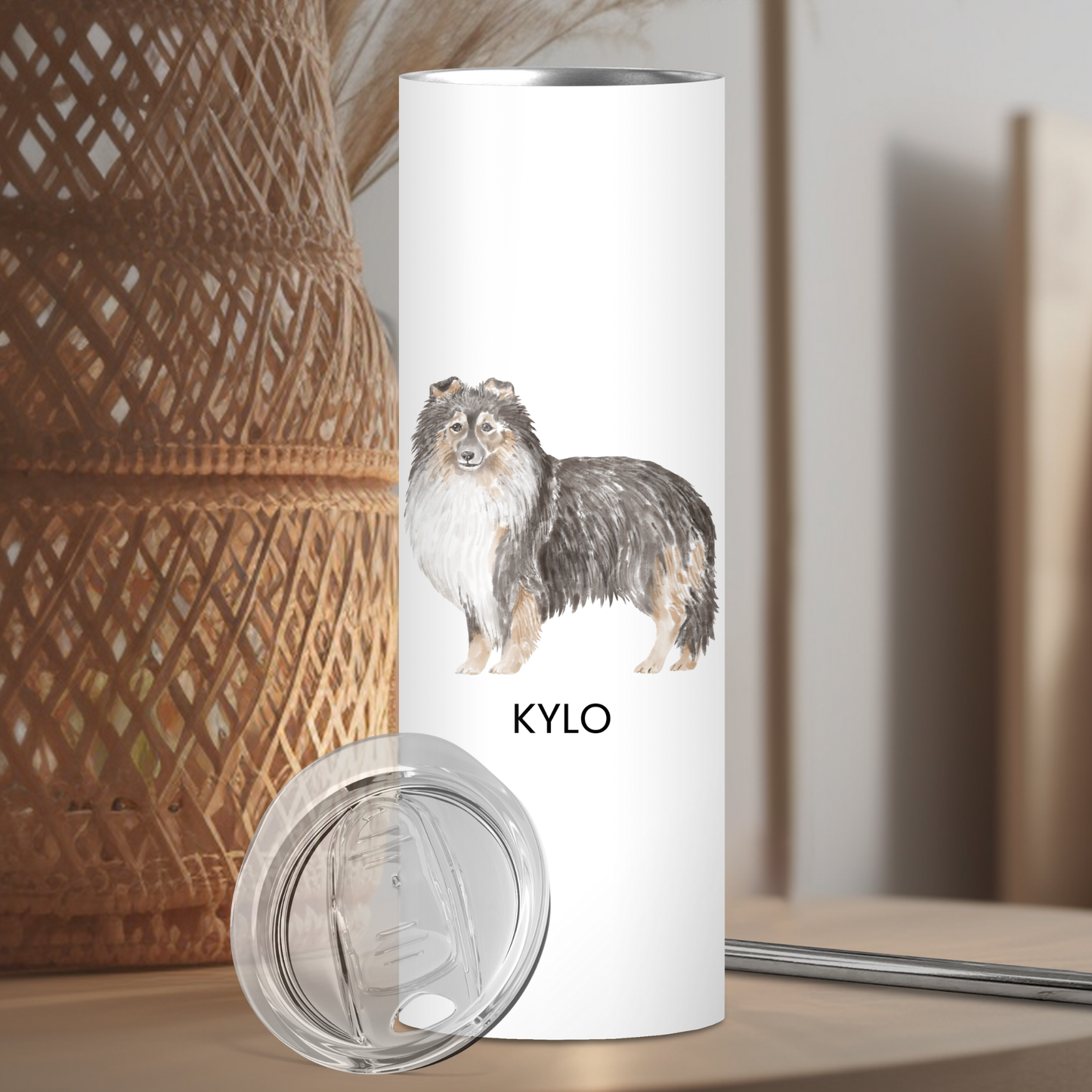 Personalized Shetland Sheepdog Dog Tumbler | Sheltie | Custom Dog Name Gift for Pet Lovers | Full Design Skinny Tumbler