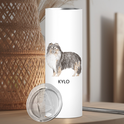 Personalized Shetland Sheepdog Dog Tumbler | Sheltie | Custom Dog Name Gift for Pet Lovers | Full Design Skinny Tumbler